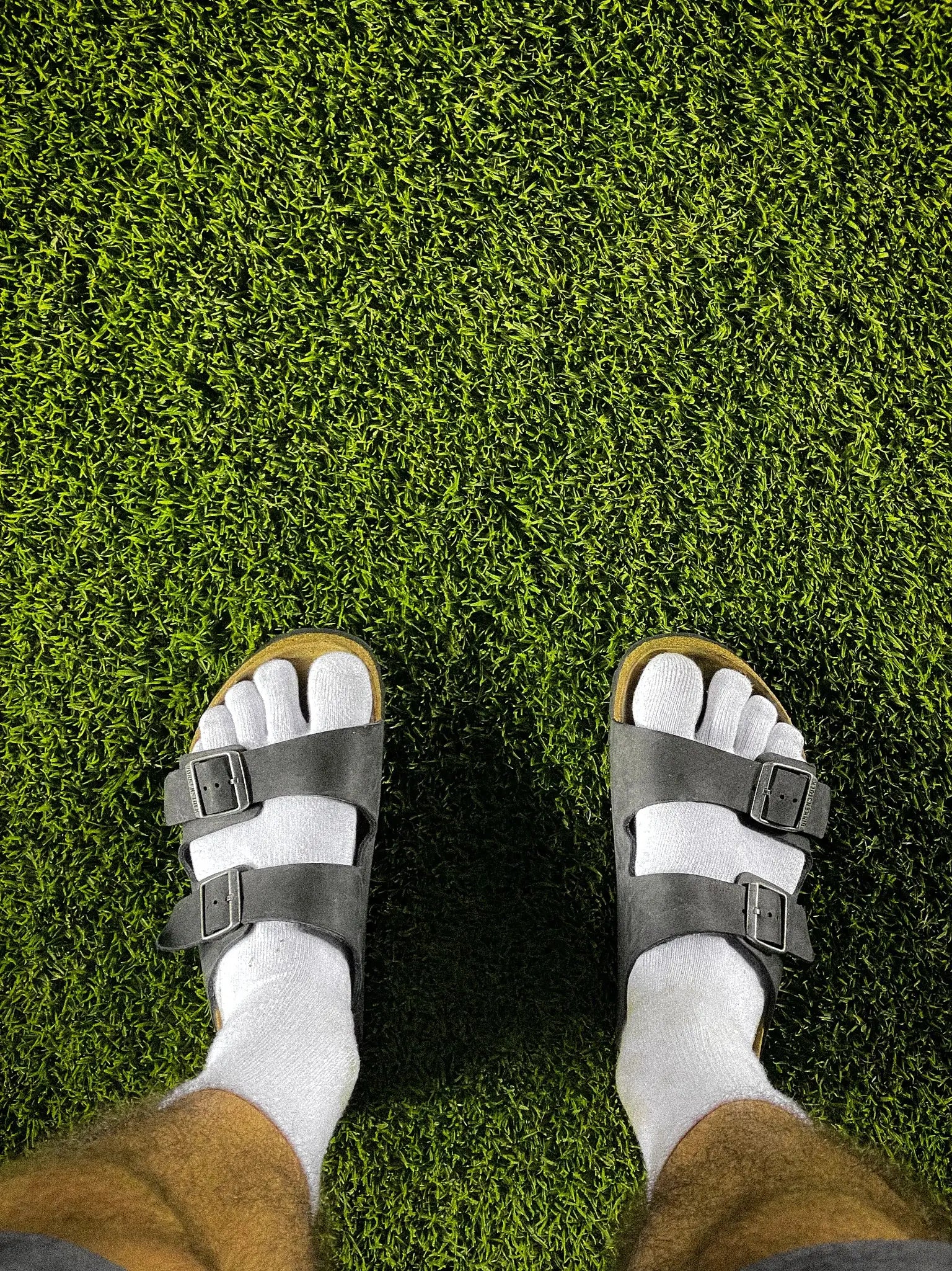 Feet wearing sandals on a grassy surface